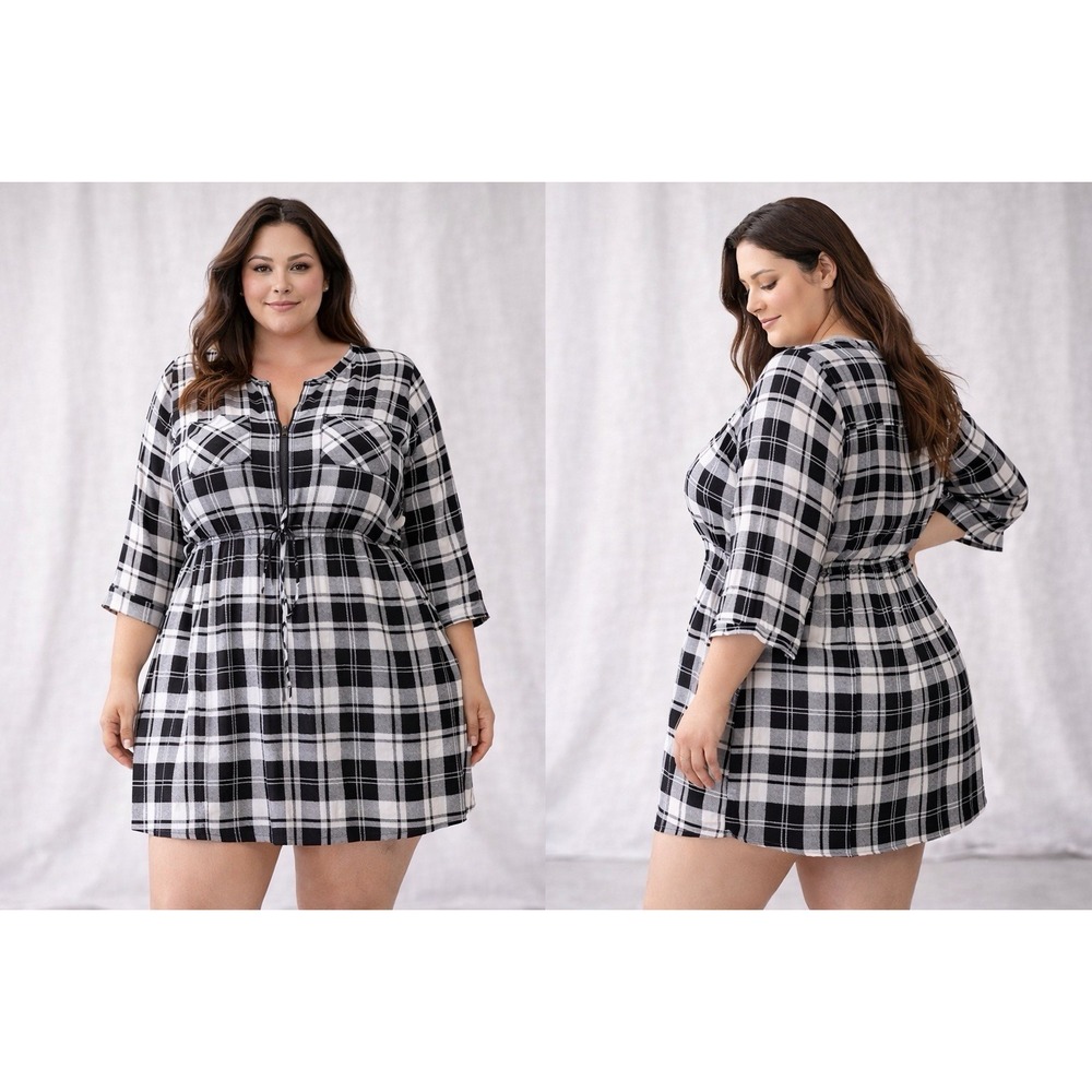 Torrid Plaid Mini Dress Women's Size 3 Black White Tunic 3/4 Sleeve Comfy
